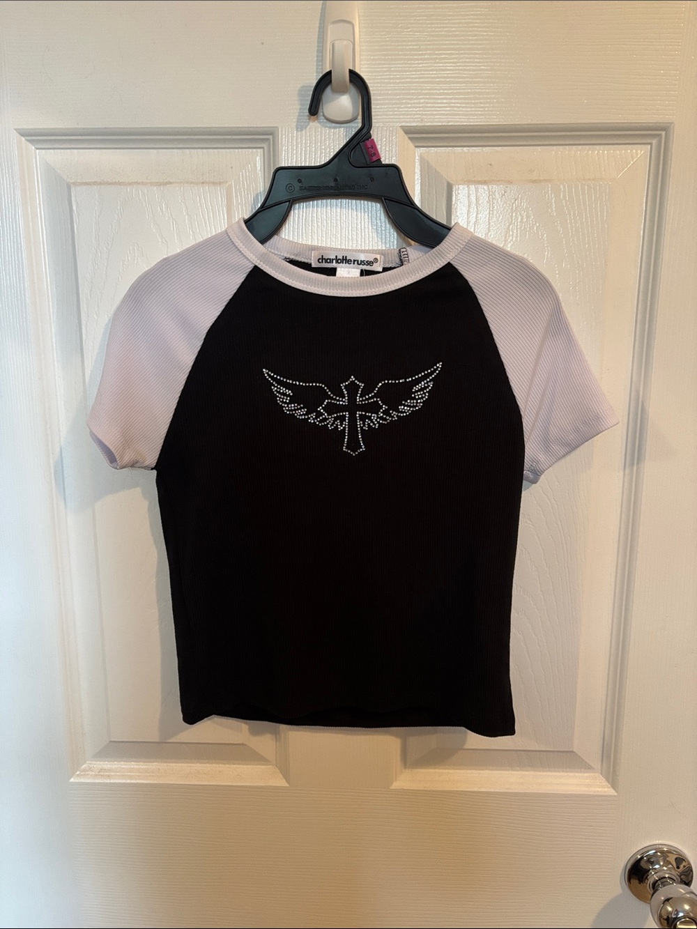 Charlotte russe Two-Tone Rhinestone Cross Wing Tee - Black & White